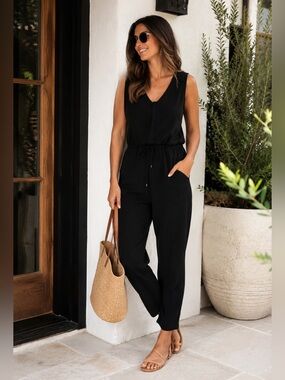 H&M Black Sleeveless Tie Waist Tapered Leg Jumpsuit w/ Pockets Size 4